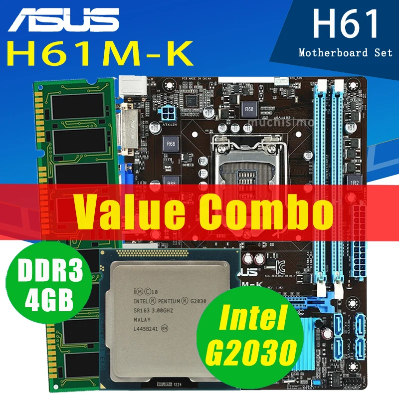 

Asus H61M-K Motherboard With Intel Pentium G2030 + 4GB DDR3 Motherboard Combo H61 Gaming Placa-mãe 1155 Mainboard Kit Set G2030