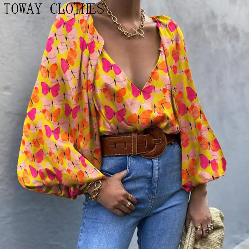 Женская блузка с рукавами фонариками и V образным вырезом|Футболки| |