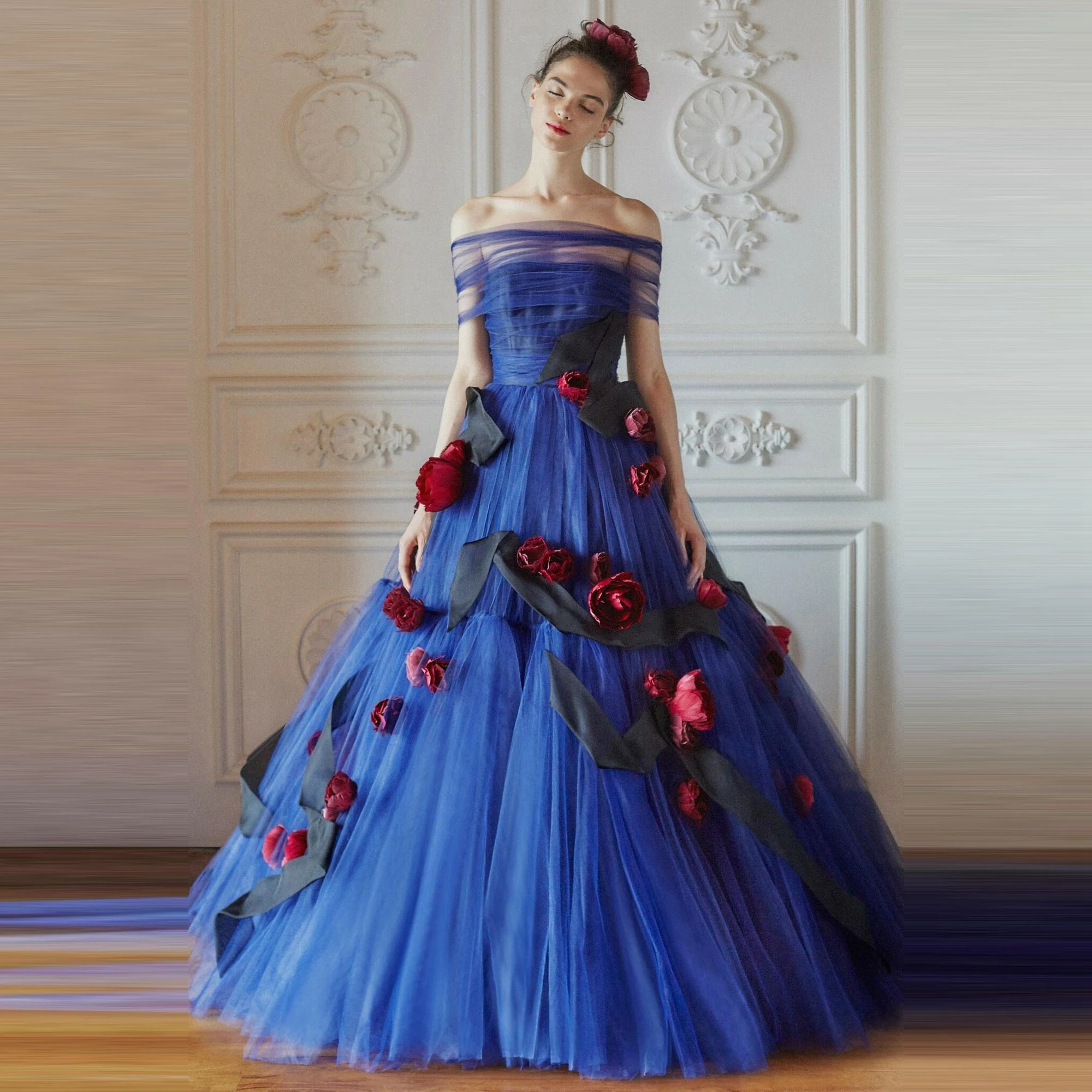 

Navy Blue Off-Shoulder Tulle Dress Satin Flowered Evening Dresses Floral Prom Dress 3D Flowers Long Ball Gown Photoshoot Dress