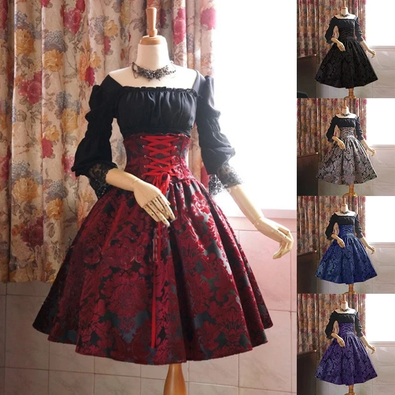 

Slim Women Lolita Dress Vintage Print Flower Tea Party Loli Vestidos Renaissance Ladies Evening Robe Gown Cosplay Costumes 5XL