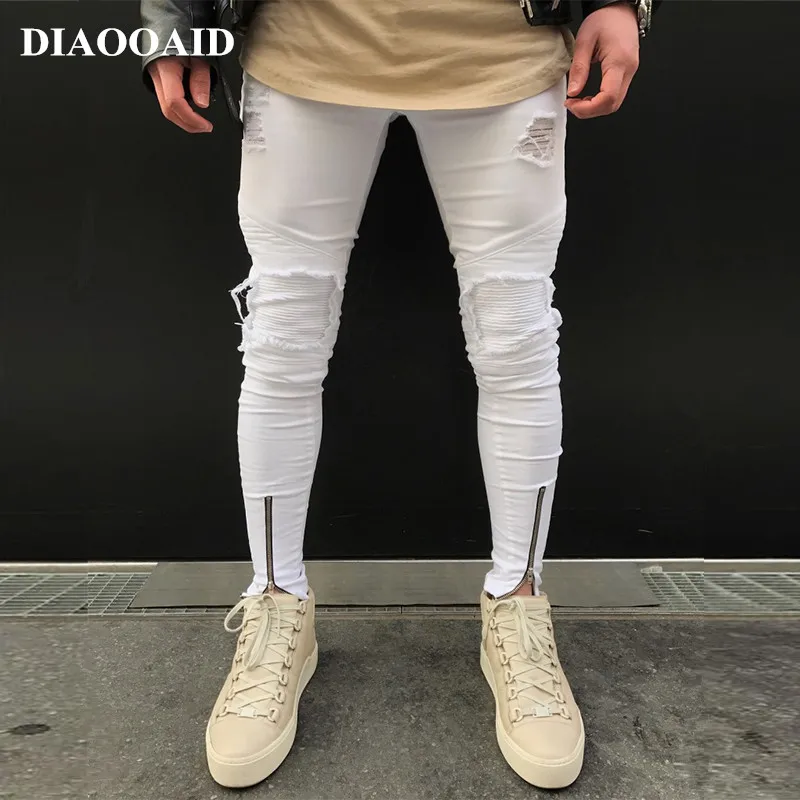 Новинка 2019 мужские джинсы стрейчевые рваные дизайн модные на лодыжке молнии