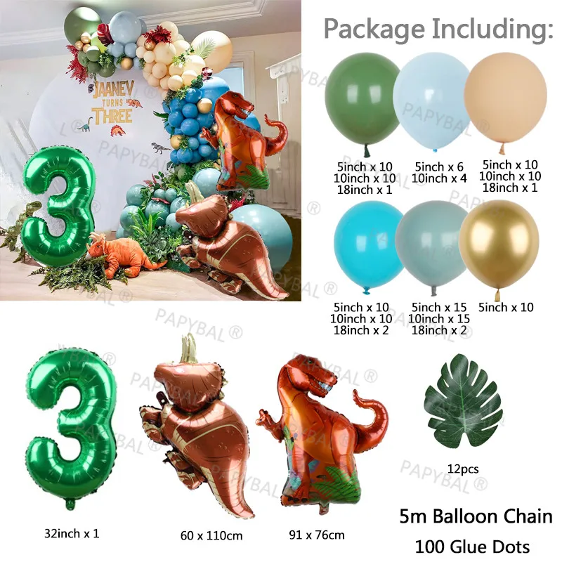 Globos de dinosaurio para cumplea&ntilde;os, guirnalda de arco para ni&ntilde;os, globo de papel de aluminio verde, jungla, Safari, Fiesta Tem&aacute;tica-2