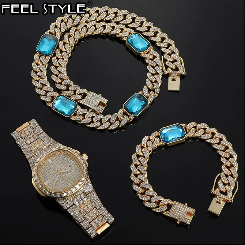 

Hip Hop 12MM 3PCS KIT Watch+Square Necklace+Bracelet Bling Crystal AAA+ Iced Out Cuban Rhinestones Chains For Men Jewelry