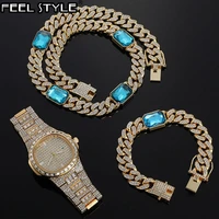 hip hop 12mm 3pcs kit watchsquare necklacebracelet bling crystal aaa iced out cuban rhinestones chains for men jewelry
