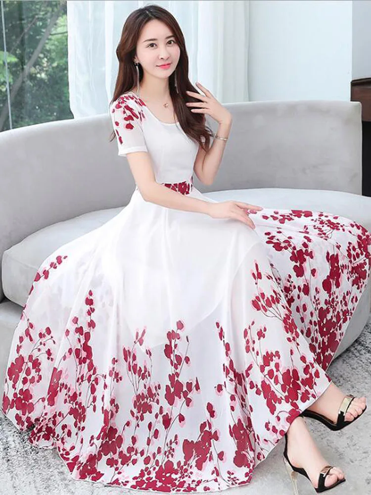 Женское офисное платье длинное шифоновое с коротким рукавом и цветочным принтом