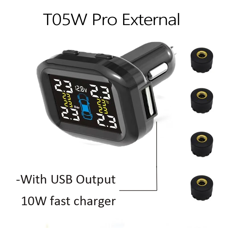 T05W Pro External Система контроля давления в автомобильных шинах Visture TPMS, 4 внешних внутренних датчика, мониторинг сигарет в шинах T05N T05W Pro - Тип: T05W Pro External