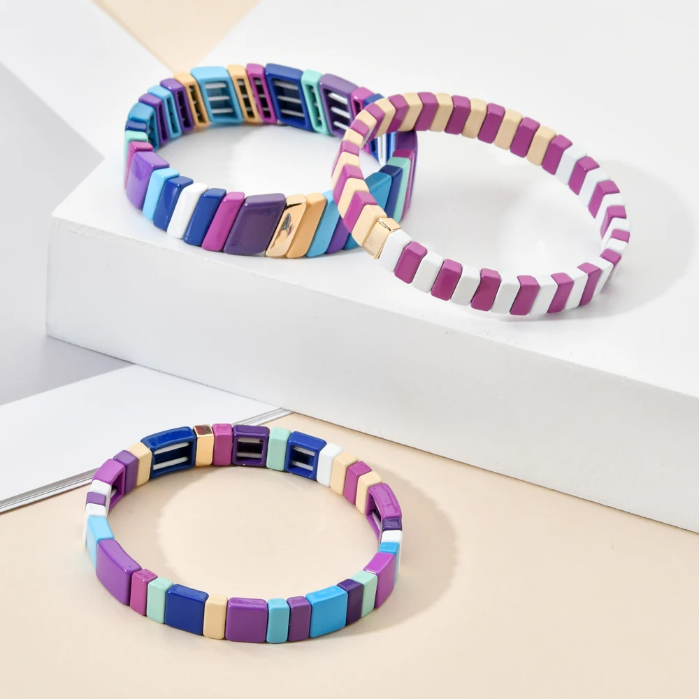 Новый милый цветной эмалированный Радужный Браслет с радужной плитой эластичный