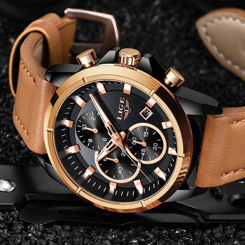 Часы наручные LIGE Мужские кварцевые в стиле милитари с хронографом и кожаным