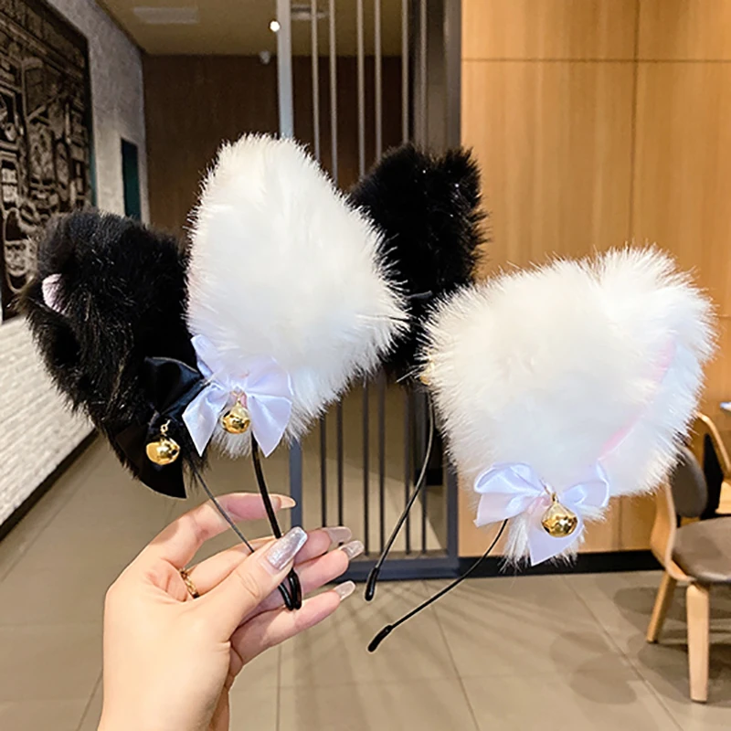 

Plush Furry Rabbit Ears Headband Women Girls Lolita Cosplay Bells Cat Ear Fur Hair Clips Halloween Party Prop Costume Headwear