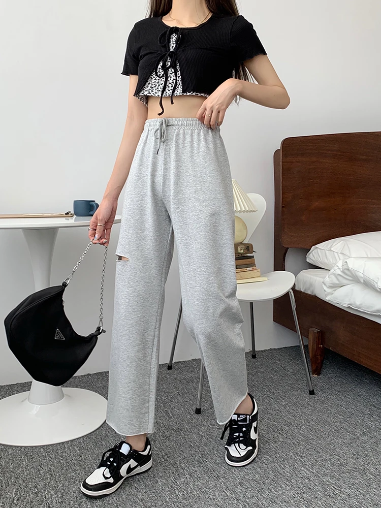 

Harteen Ripped Wide-Leg Pants Casual Sports Loose Straight 2021 Fashionable Womens Clothing Trousers Cotton Pants Drawstring