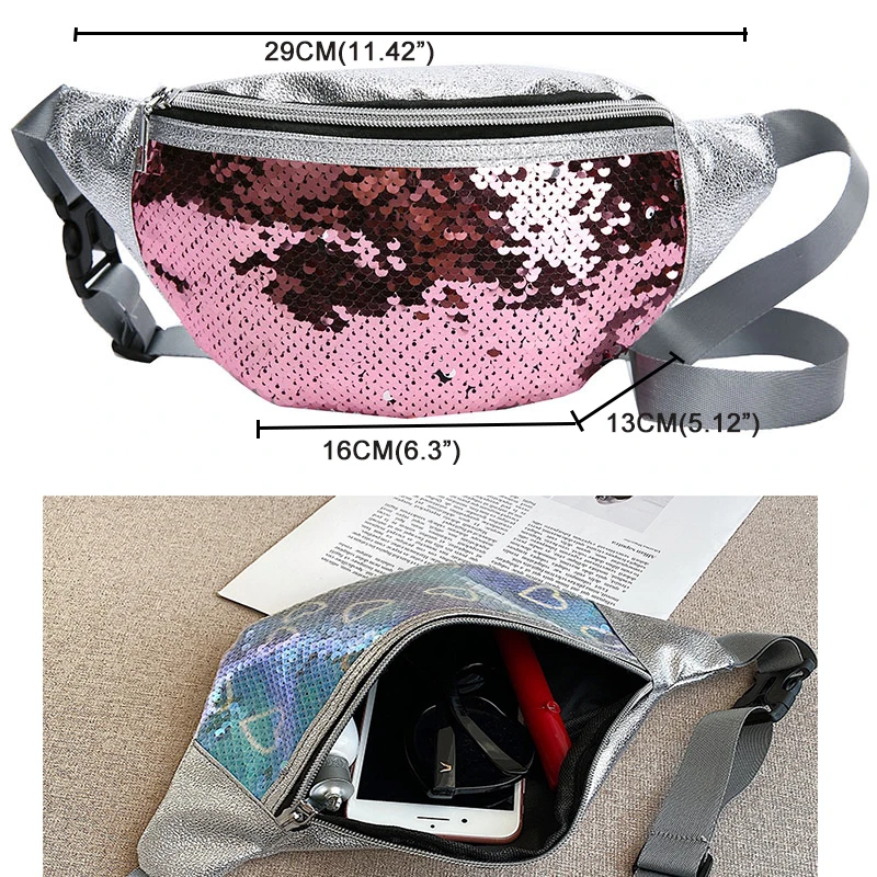 Sequined Waist Bag Chest Bag Women's New Style Mobile Phone Messenger Bag Female Fashion Pu Laser Waist Bag Korean-Style