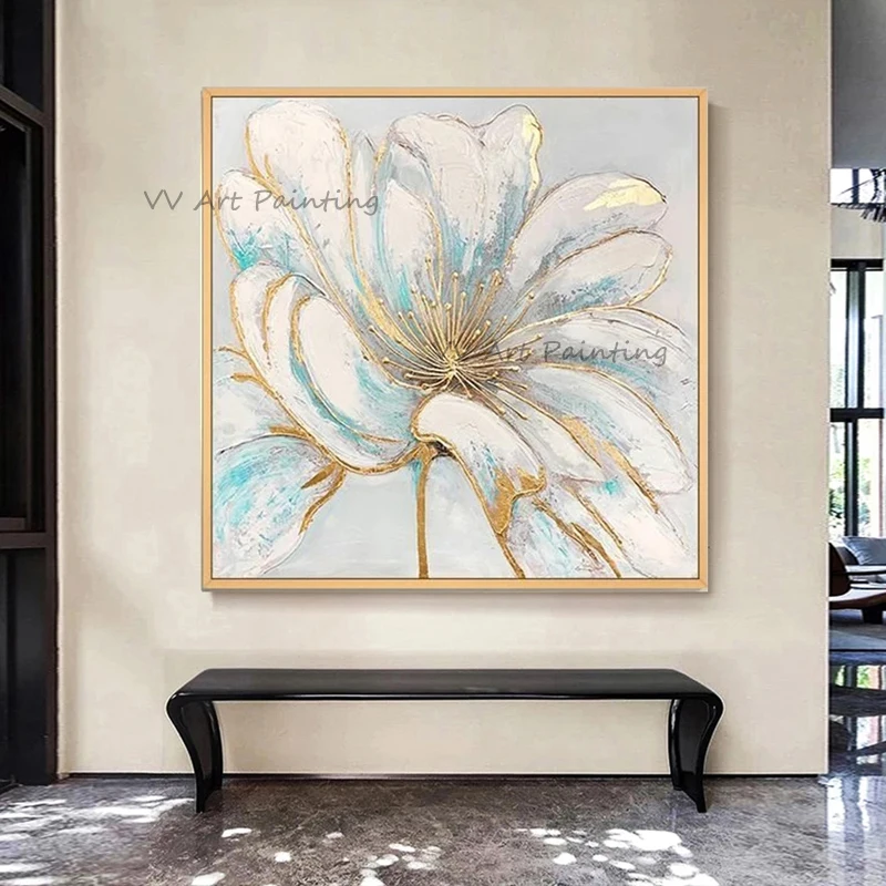 

Новейшая абстрактная большая Масляная картина ручной работы с синими цветами для гостиной, Декор, ручная роспись, картина с растениями