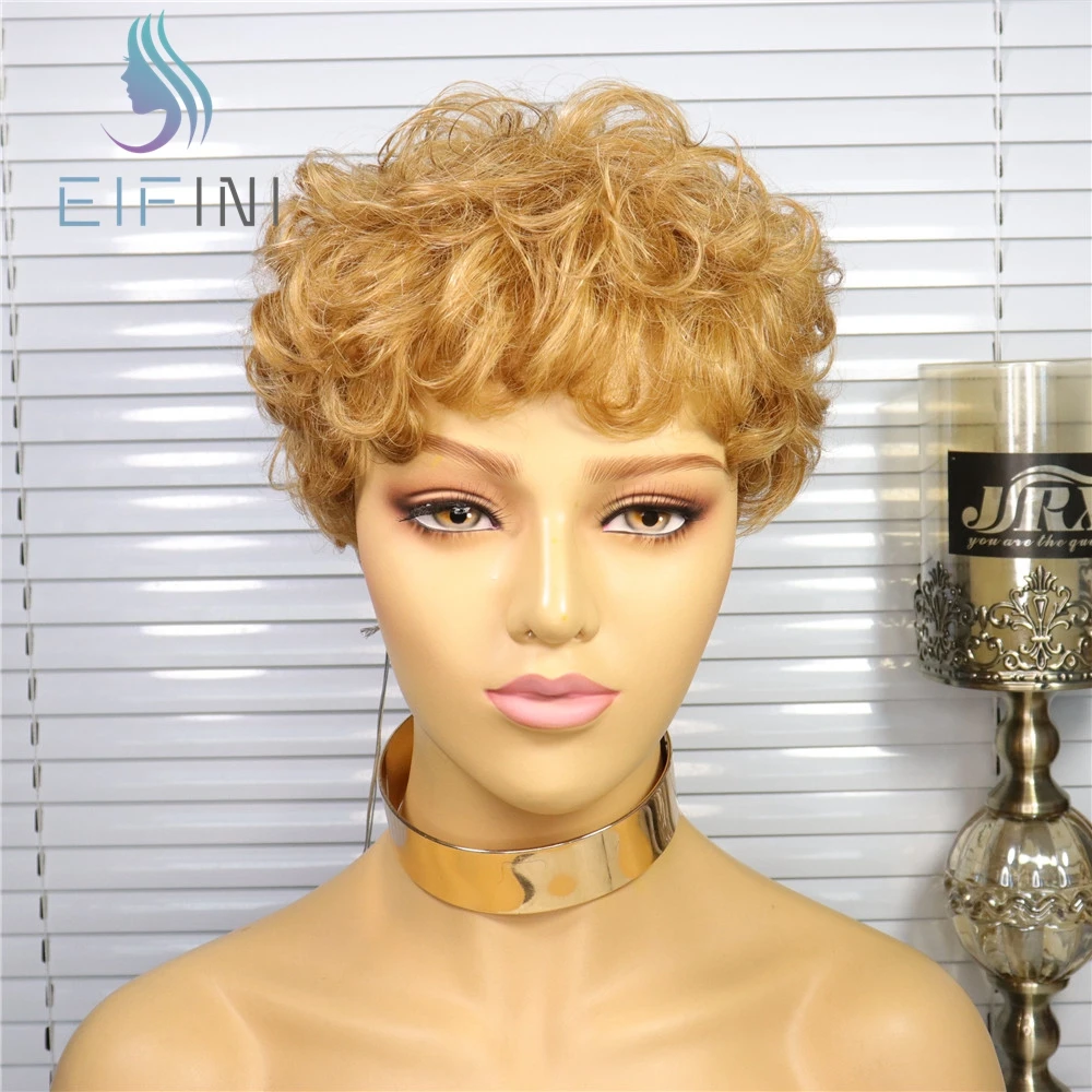 

Blonde Color Short Human Hair Wigs For Women Maylasian jerry Curly Remy Full Machine Made Wigs Glueless No Lace Human Hair Wig