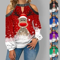 2021 new fashion christmas elk print t shirt fallwinter womens off the shoulder top long sleeve sequined round neck t shirt