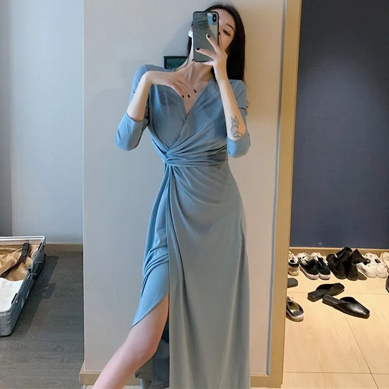 

Spring Sexy Slim-fit Style Waist-controlled Slimming Long Sleeve Dress High-waisted Slim Fit Slit Dress Rac