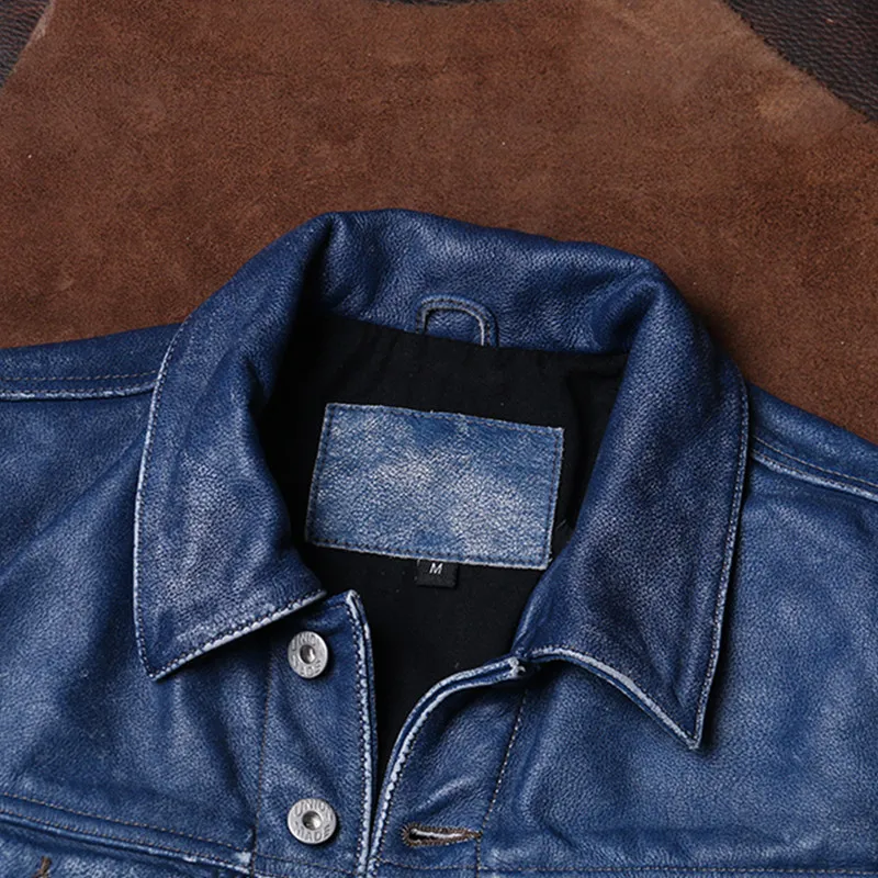 2022 винтажная синяя Повседневная стильная мужская куртка из натуральной кожи