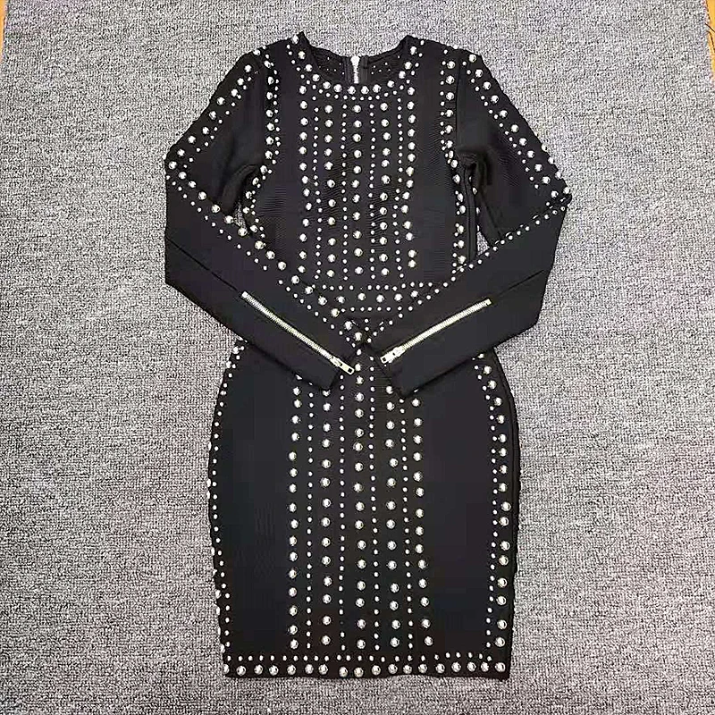 Лидер продаж Бандажное платье с длинным рукавом и бисером модные повседневные