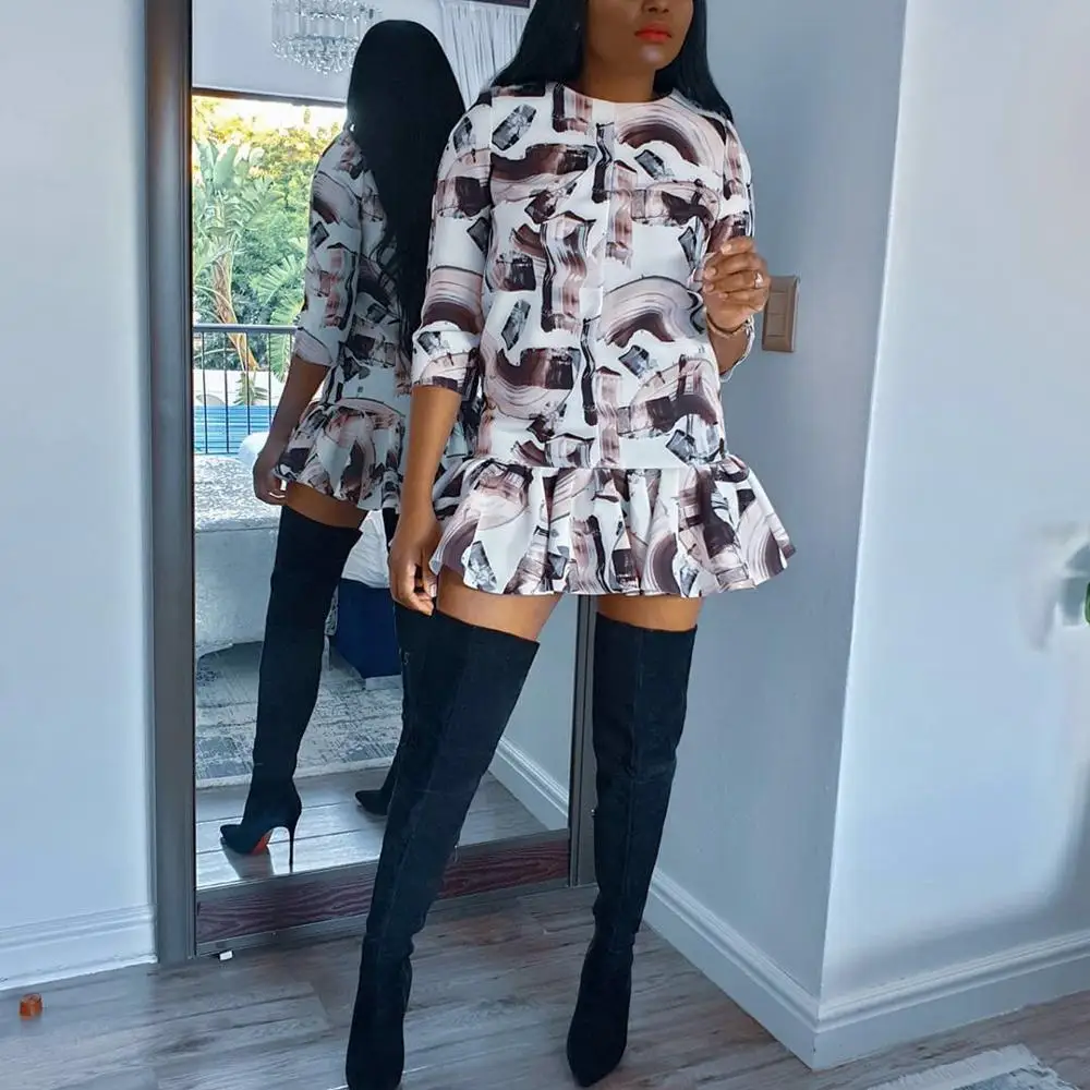 

Винтажное платье для африканских дам 2020 новое осеннее платье с длинным рукавом и круглым вырезом с принтом Falbala элегантное офисное платье д...