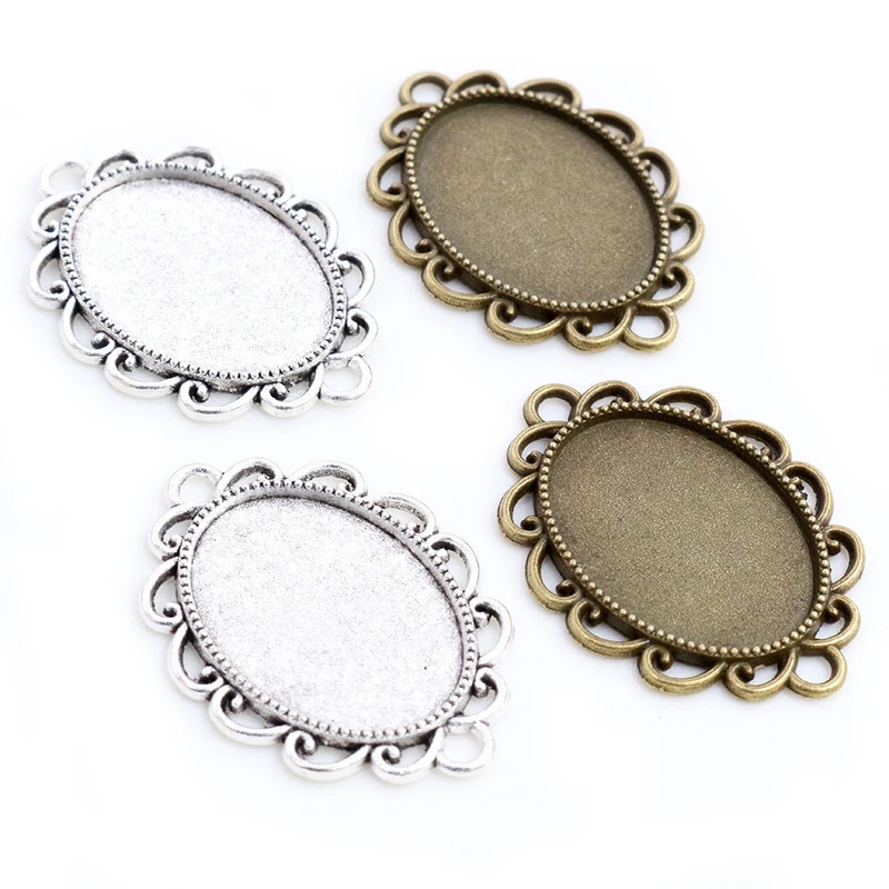 

10pcs 18x25mm Inner Size Antique Silver Plated and Bronze Flowers Style Cameo Cabochon Base Setting Pendant necklace findings-