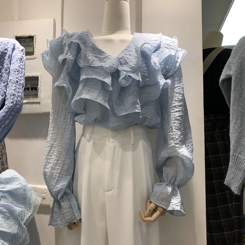 

Милая Стильная однотонная женская блуза с оборками, летняя Новинка 2021, элегантные офисные женские топы с расклешенными рукавами
