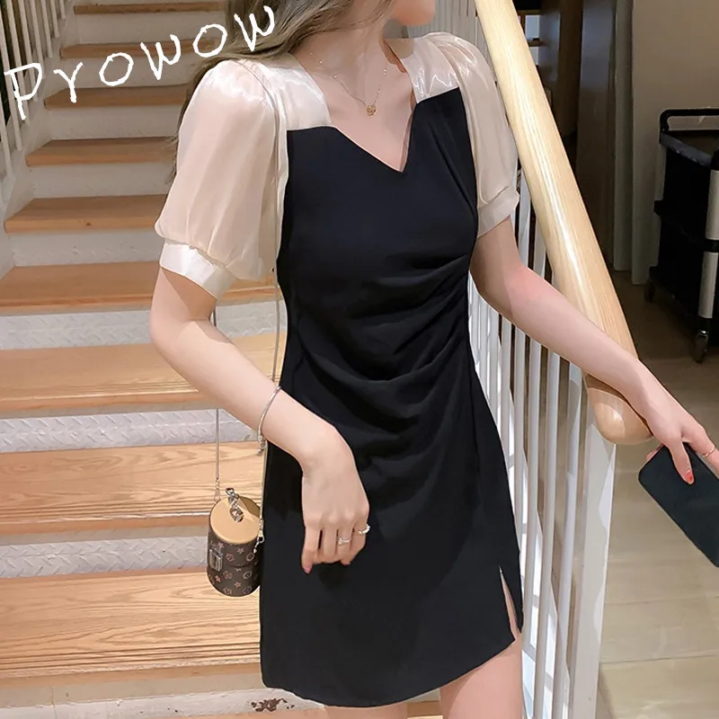 

2021 French Elegant Korean Black Midi Dress for Women Puffer Sleeve V-neck Vintage Dress Female Sweet Party One Piece Dresses