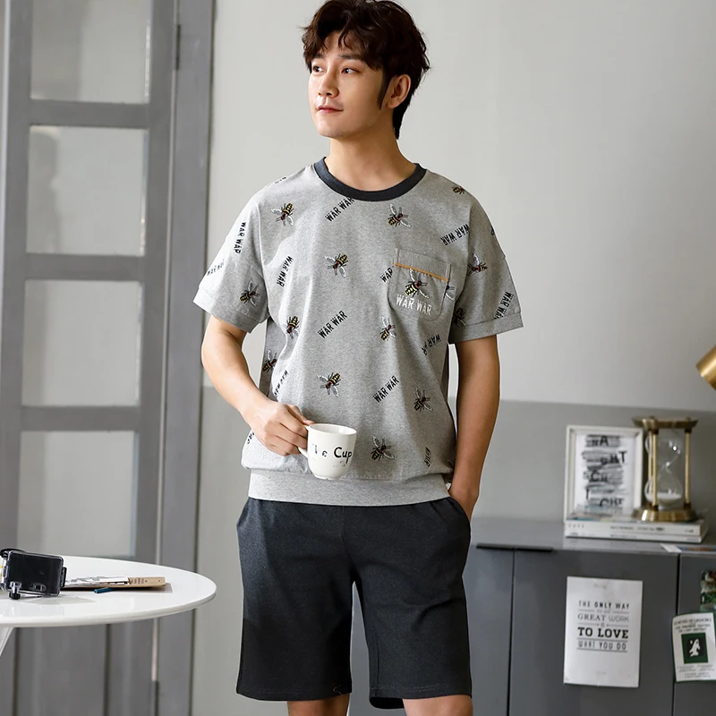 

Женская одежда для сна L-3XL, мужской пижамный комплект, новинка лета 2020, топы с принтом пчелы, прозрачные шорты, одежда для сна, хлопковые пижа...