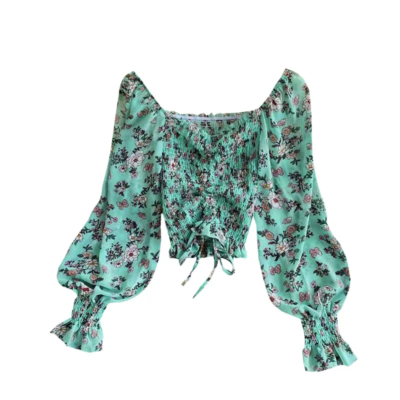 

paragraph chiffon unlined upper garment of western style of cultivate morality hubble-bubble sleeve navel floral blouse