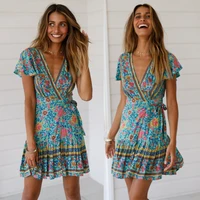 summer v neck short sleeved european and american style printed bohemian holiday skirt