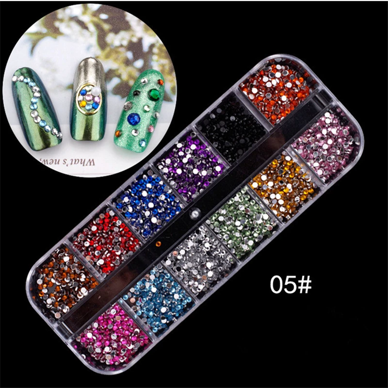 Colorful Rhinestones for Nails 3D Gorgeous Nails Art Tips Decals AB Acrylic UV Gel with 12 Grids Hard Case Nail Art Decorations