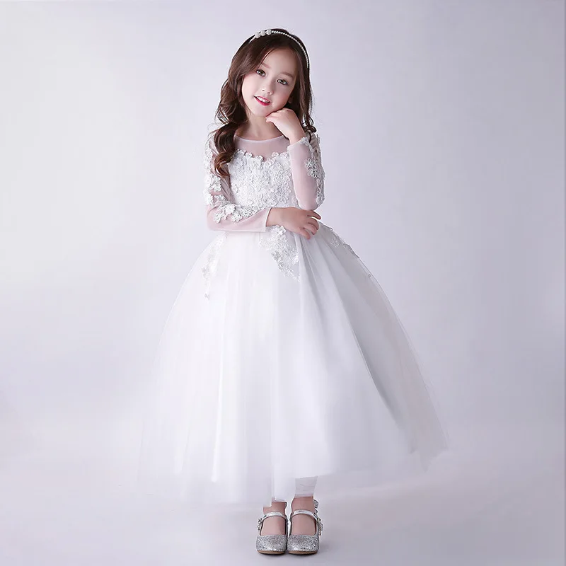 Белое длинное свадебное платье с цветочным узором для девочек элегантное