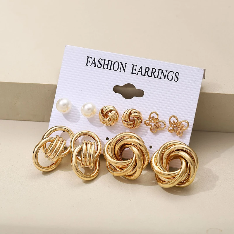 

Women Metal Pearl Stud Earrings Set Geometric Pendant Personality Earring Set Creative Fashion Pendant Earring Gift Jewelry