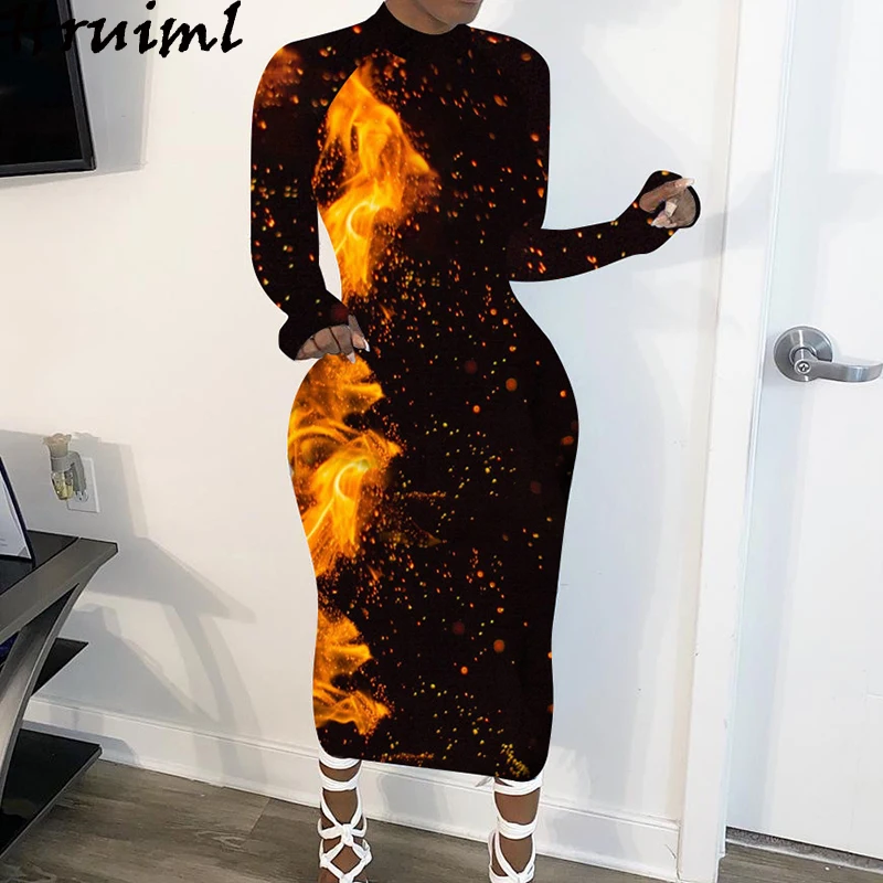 

Bodycon Black Dress Women Fashion Print Long Sleeve Stand Collar High Waist Female Maxi Dress Autumn Plus Size Vestido De Mujer