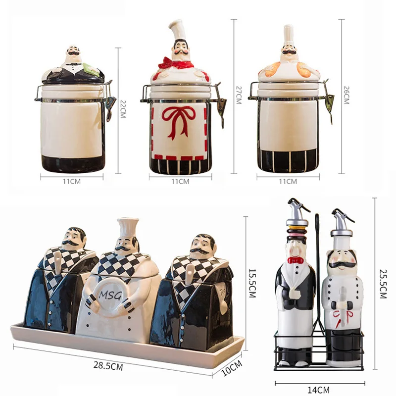 

European chef waiter modeling ceramic seasoning jar set creative cute home kitchen seasoning oil pot restaurant sealed cans