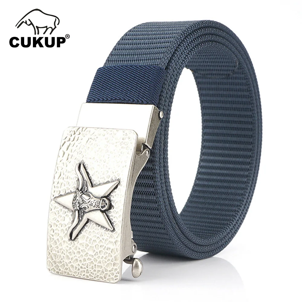 CUKUP 2022 Unique Design Zinc Alloy Cow Head Buckle Metal Belts High Quality Nylon Belt Canvas Belt for Men 3.5cm Wideth CBCK164