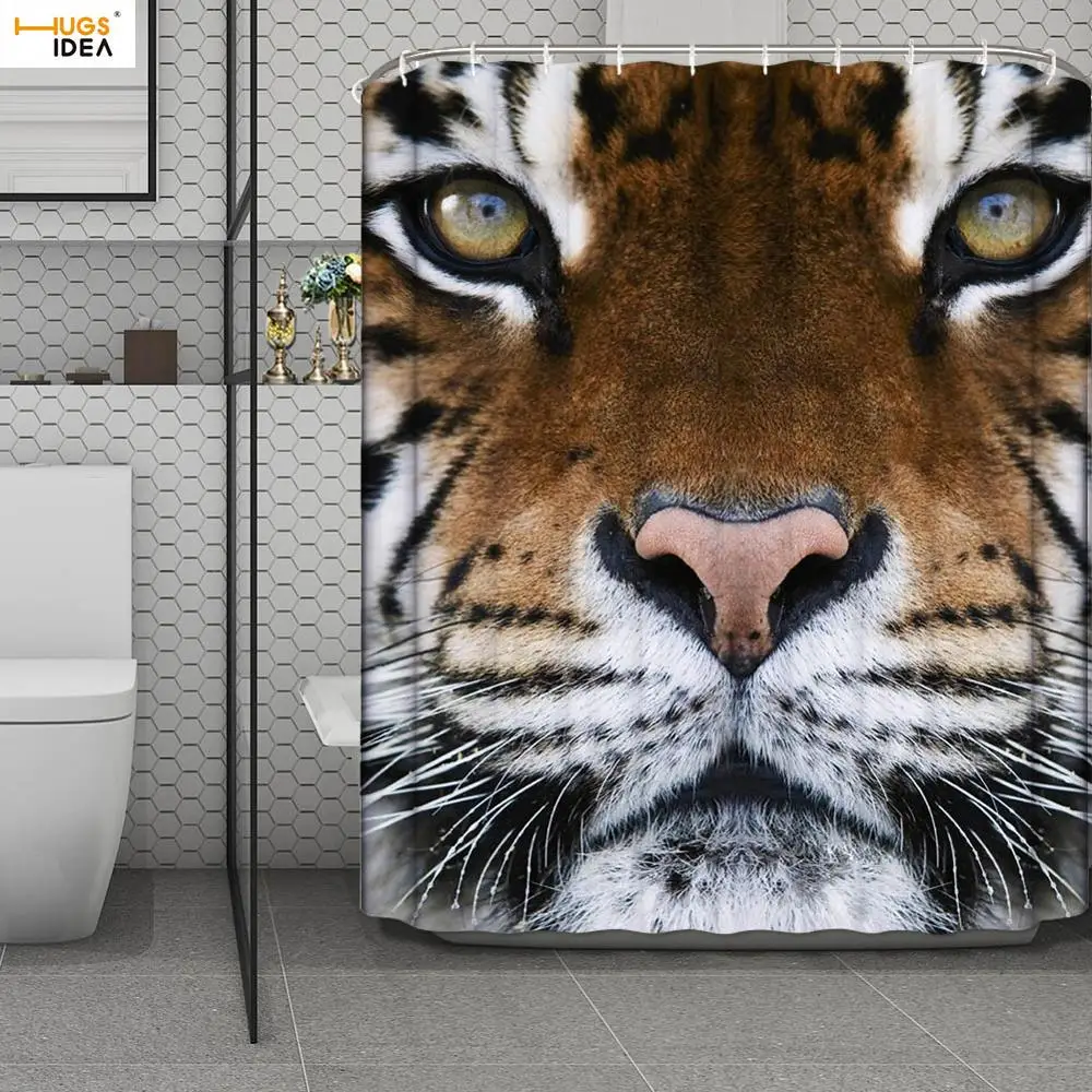 

HUGSIDEA Tiger Face Print Polyester Fabric Bath Curtain Saber-Toothed Tiger Yellow Lion Design Bathroom Shower Screen Waterproof