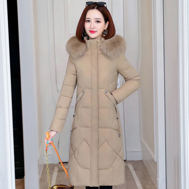 Женская длинная куртка с меховым воротником теплая пуховая большого размера