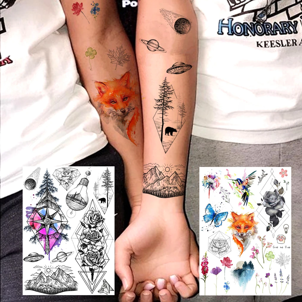 Временные татуировки для женщин и мужчин в виде лисы с розовым цветком модная