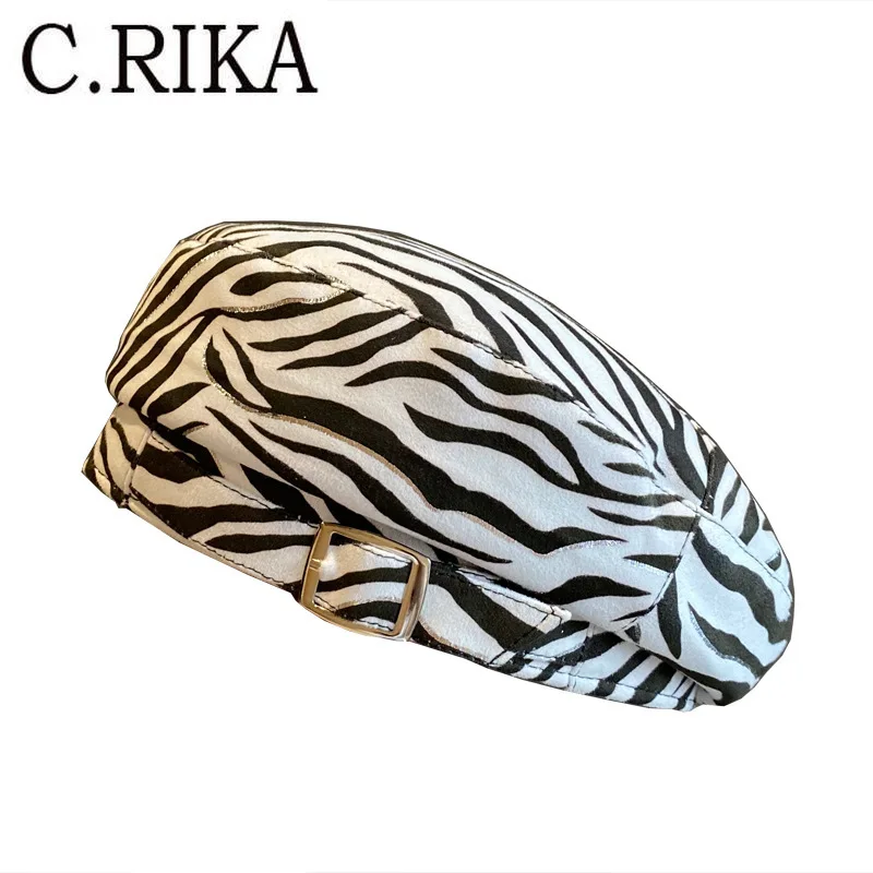Берет художника Женский с замшевой пряжкой Модный берет зебры восьмиугольная