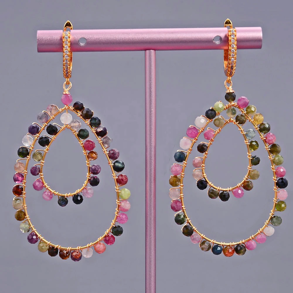 

Natural Teardrop Multi Color Tourmaline Cz pave Lever back Dangle Earrings