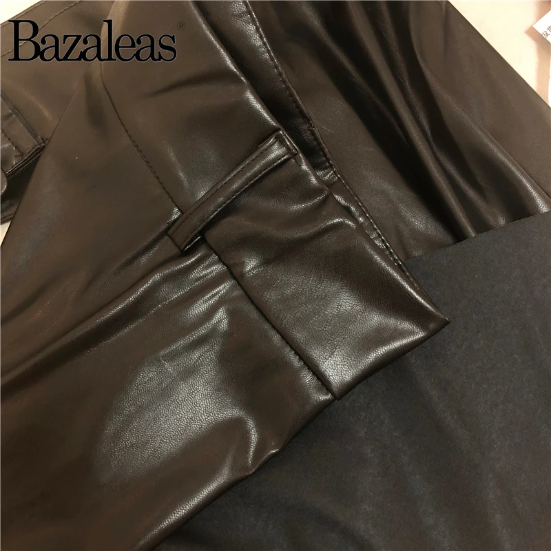 Bazaleas базовые модные юбки Повседневная Женская шикарная Черная Юбка-миди из искусственной кожи ремень с бантом сбоку на молнии трапециевидная плиссированная юбка