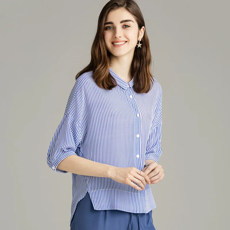 Летняя рубашка из натурального шелка 100% тутового женская блузка в полоску с