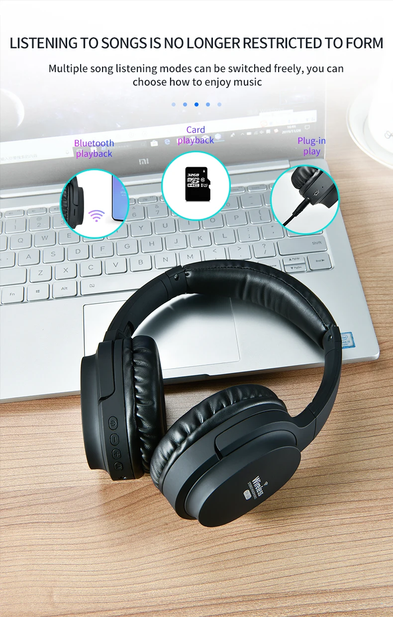 Беспроводная гарнитура Bluetooth 5 0 Складная с микрофоном HiFi Поддержка TF / FM