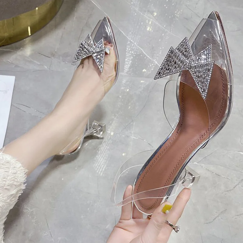Женские босоножки из прозрачного ПВХ с острым носком бантом женские летние туфли