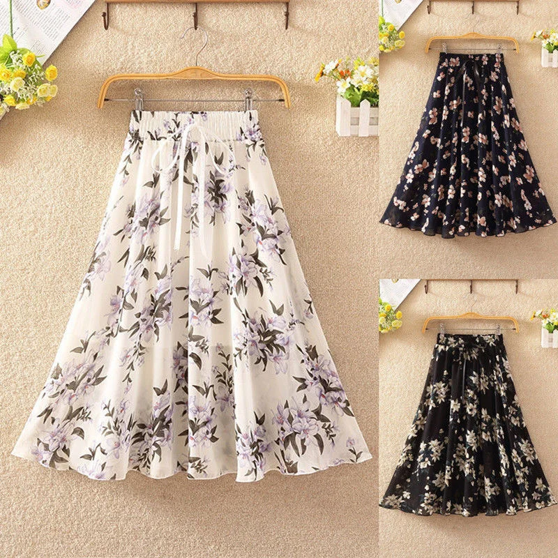 

Spring and summer Elastic Waist Chiffon medium length skirt high waist slim lady floral skirt print swing skirt A-line skirt