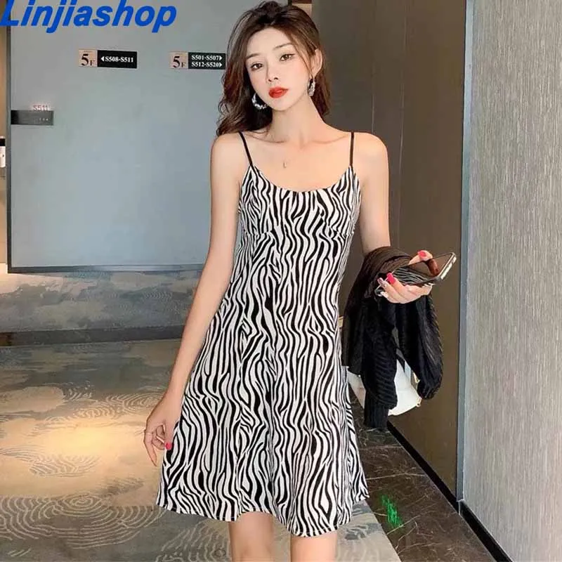 

Women's Sexy Chic Fashion Zebra V Neck Spaghetti Cross Straps Slim Dress New Summer Casual Vintage Mini Dresses Vestidos