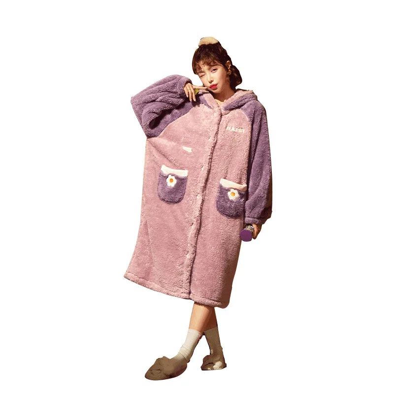 

NIGHTWA Winter Warm Robe Women Hoody Coral Fleece Thermal Bathrobe Thick Flannel Nightwear Bath Robe Sleepwear Dressing Gown