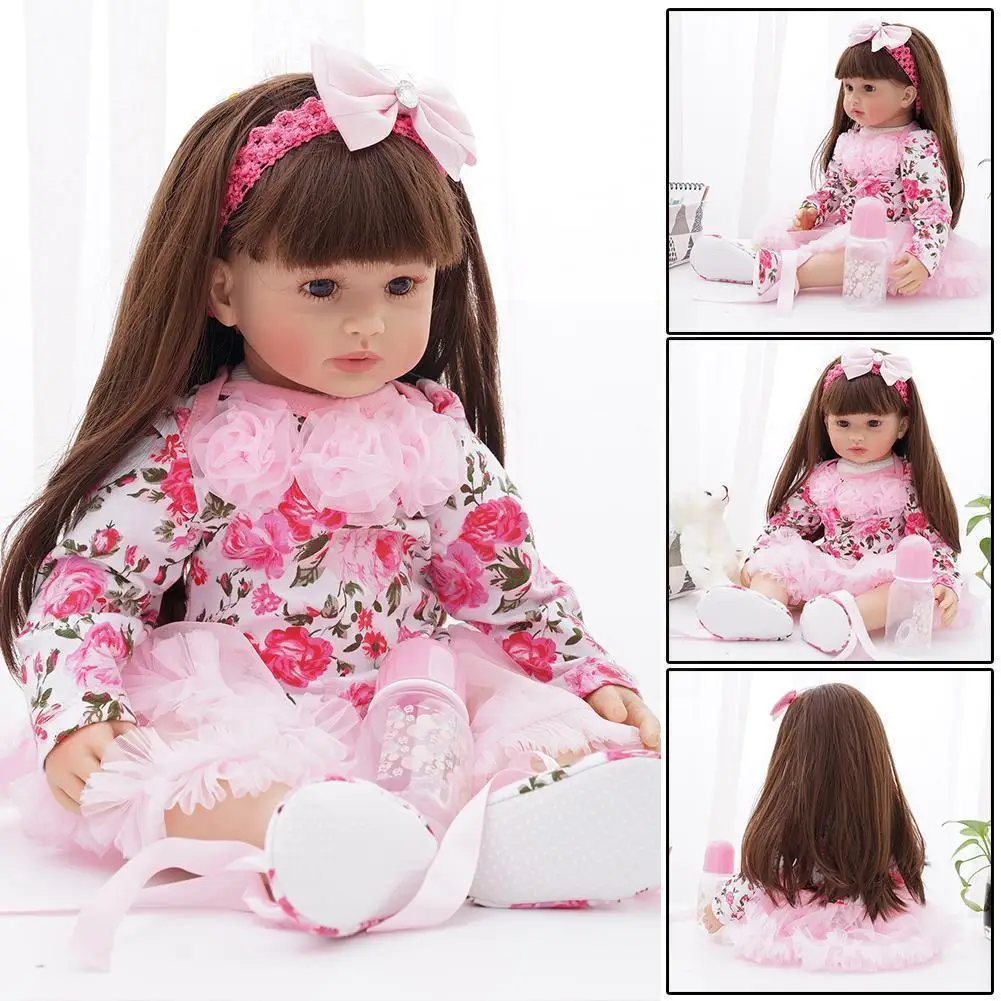 

60cm Rebirth Girl Pink Yarn Flower Skirt Cloth Princess Toy Body Children Silicone L5g6