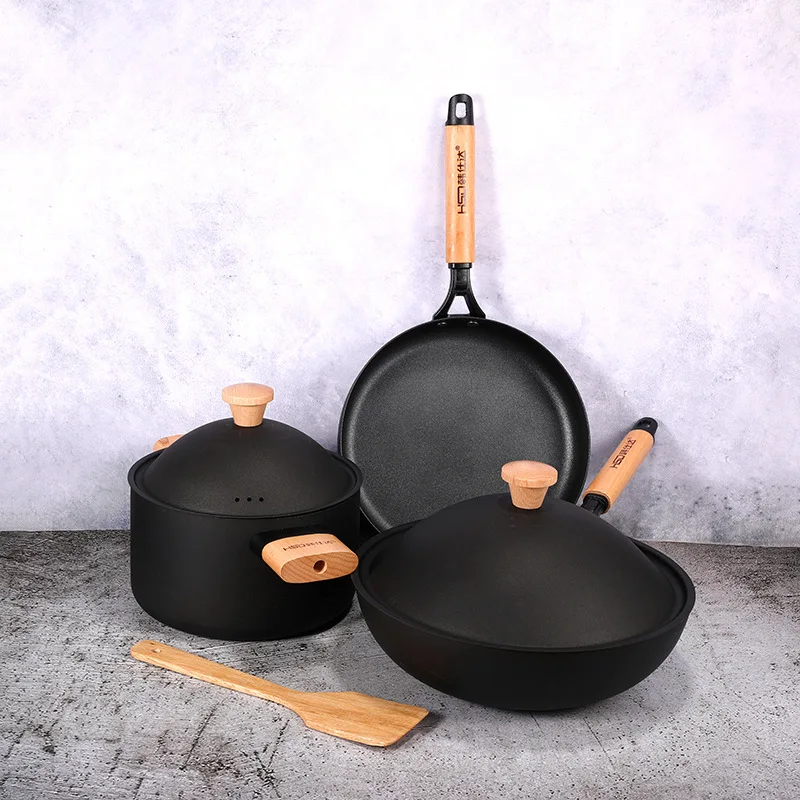 Набор посуды чугунная кастрюля сковорода антипригарная железная для тушения