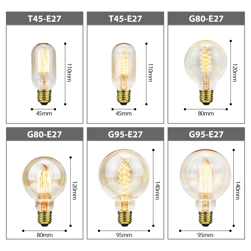 Винтажная лампа Эдисона 2 шт./лот ST64 G95 G80 A19 T45 T10 T185 накаливания 220 в E27 40 Вт
