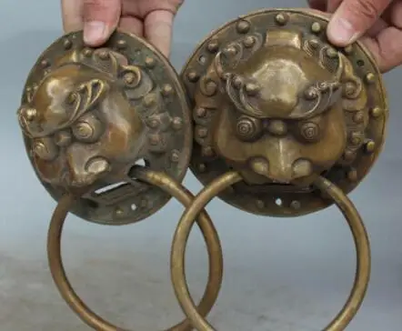 18 см китайская Бронзовая резная маска фэн шуй Голова Статуя дверь Лев молоток